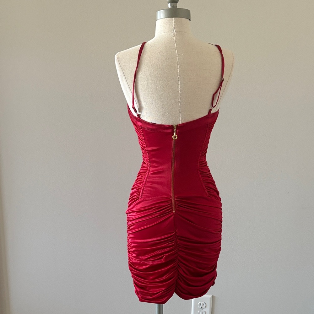 bebe Red Ruched Spaghetti-Strap Mini Dress - Picture 4 of 13